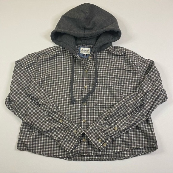 American Eagle Flannel Womens Medium Hooded Cropped‎ Distressed Grunge Hipster - Picture 1 of 7